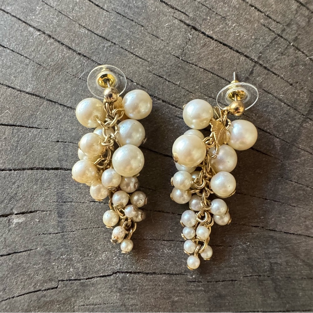 Charming Gold Tone and Faux Pearl Cluster Dangle Earrings for Pierced Ears